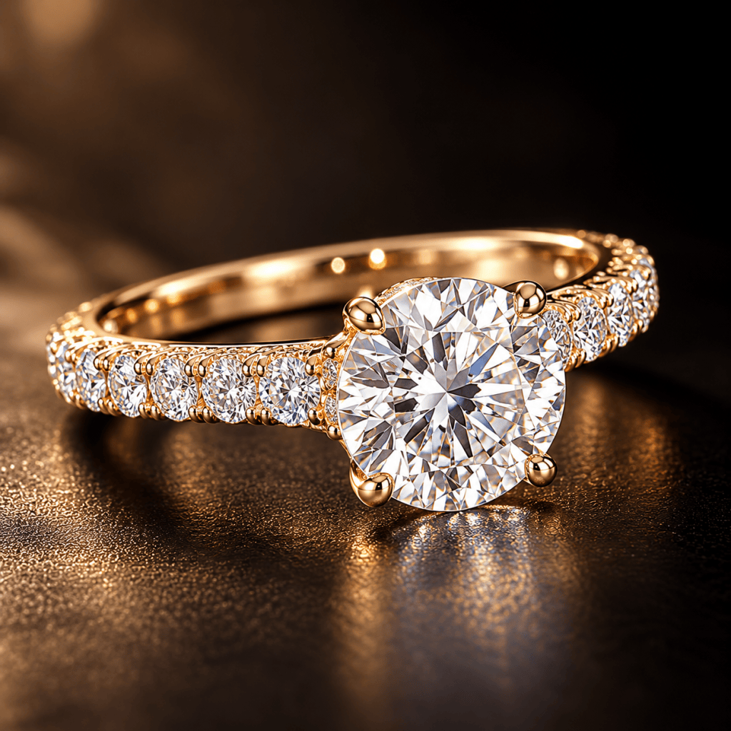 A close-up image of a gold engagement ring with a large round diamond center stone, surrounded by smaller diamonds on the band, set against a dark background.