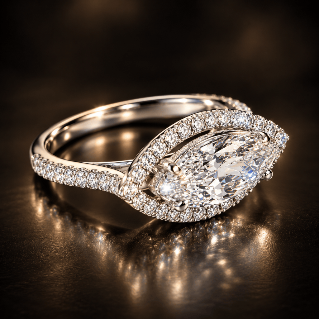 Close-up of an elegant silver ring featuring a marquise-cut diamond surrounded by smaller sparkling diamonds.