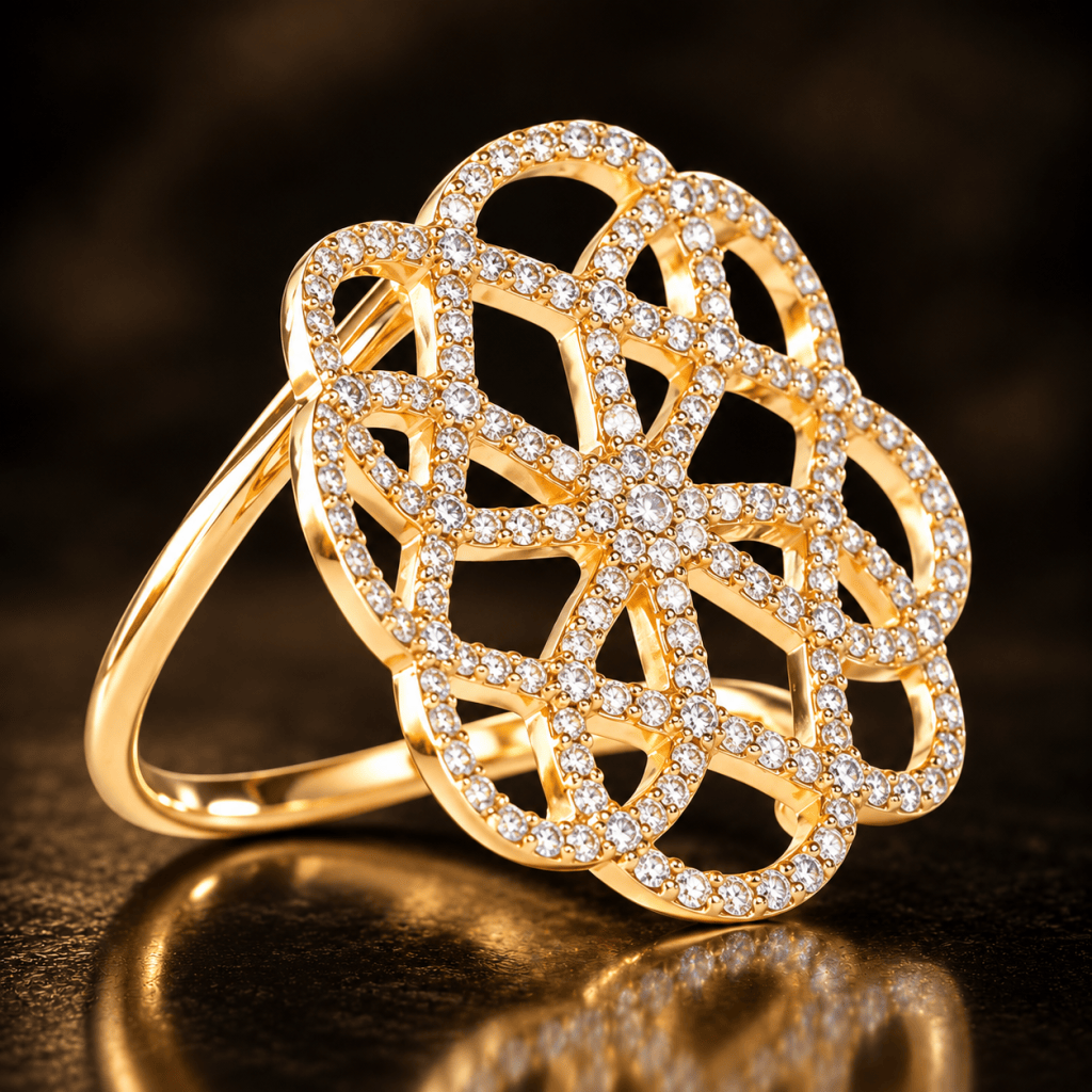 Close-up of an elegant gold ring featuring a lace-like design embellished with sparkling diamonds.