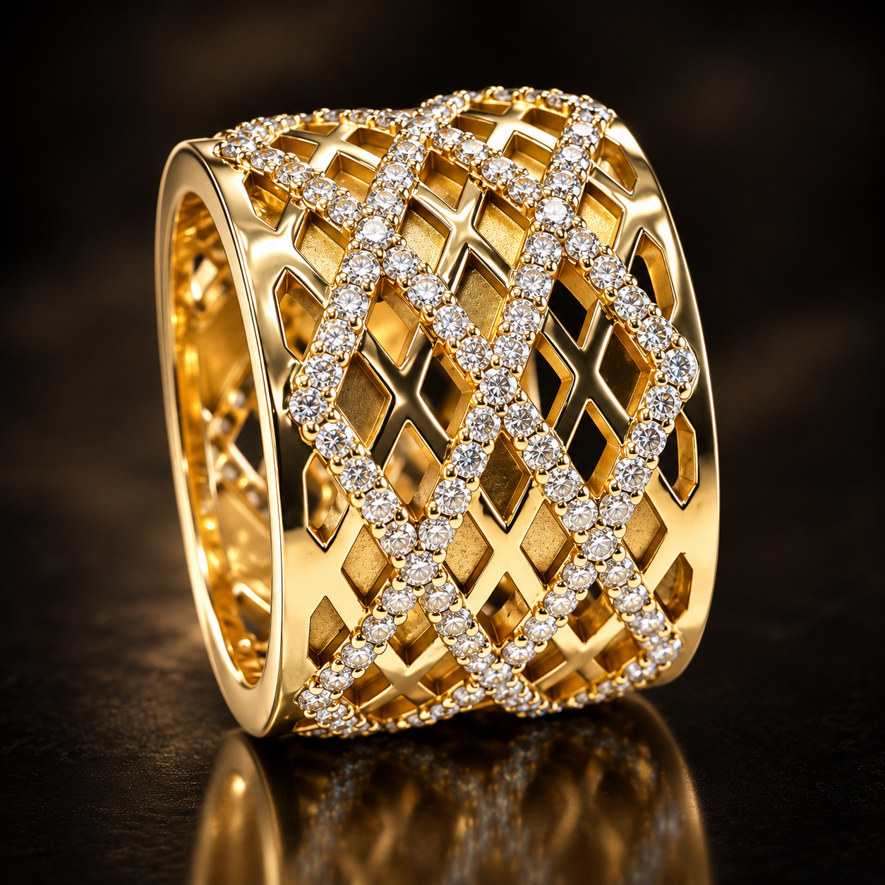 A close-up of a gold decorative ring featuring an intricate lattice design adorned with sparkling diamonds.